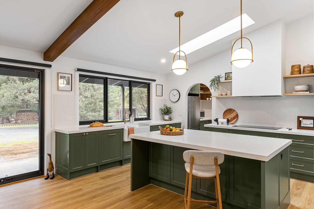 Kitchen with green cabinets
